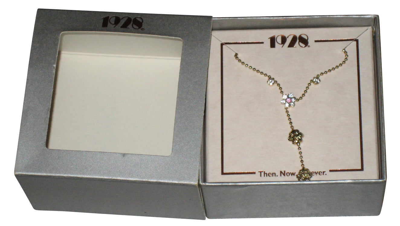 1928 Then Now Forever Drop Necklace w/ Rhinestone Flowers & Stud Post Earrings