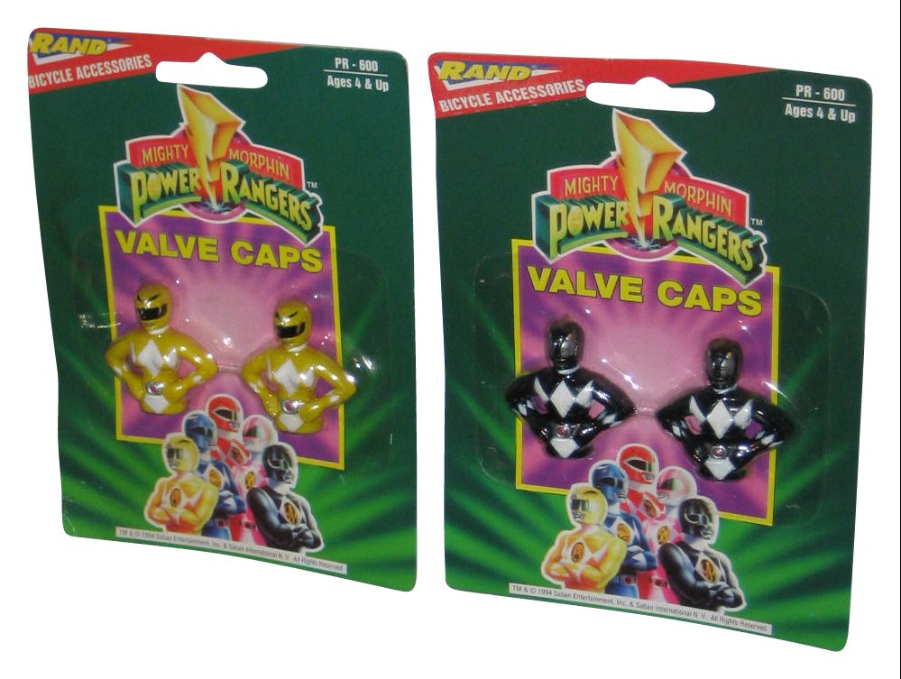 Mighty Morphin Power Rangers (1994) Black & Yellow Rand Bicycle Valve Caps Lot