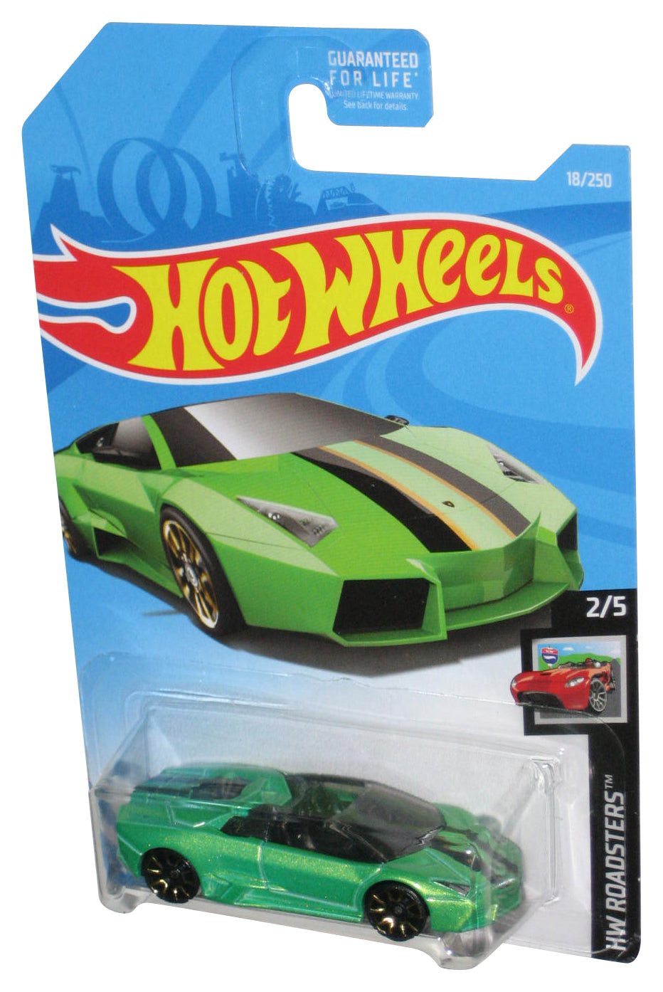 Hot Wheels HW Roadsters 2/5 (2017) Green Lamborghini Reventon Roadster Car 18/250 - (Cracked Plastic)