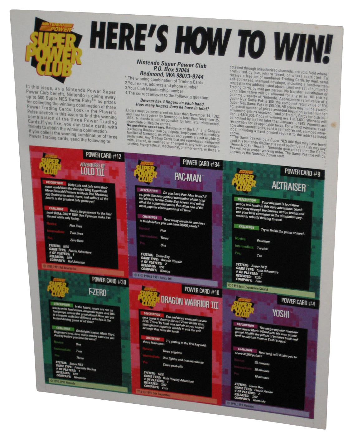 Nintendo Power Challenger Trading Cards Sheet - (Actraiser, Pac-Man, Adventure of Lolo III, Yoshi, Dragon Warrior III & F-Zero)