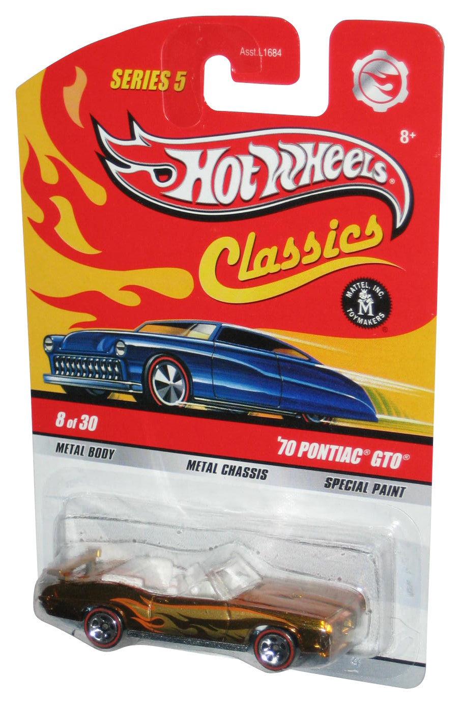 Hot Wheels Classics Series 5 (2008) Gold '70 Pontiac GTO Toy Car 8/30 - (Plastic Partially Loose From Card)