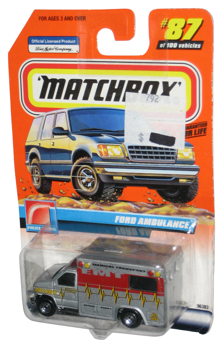 Matchbox Ford Ambulance Police Patrol (2000) EMT Silver Toy Truck #87/100 - (Damaged Card)