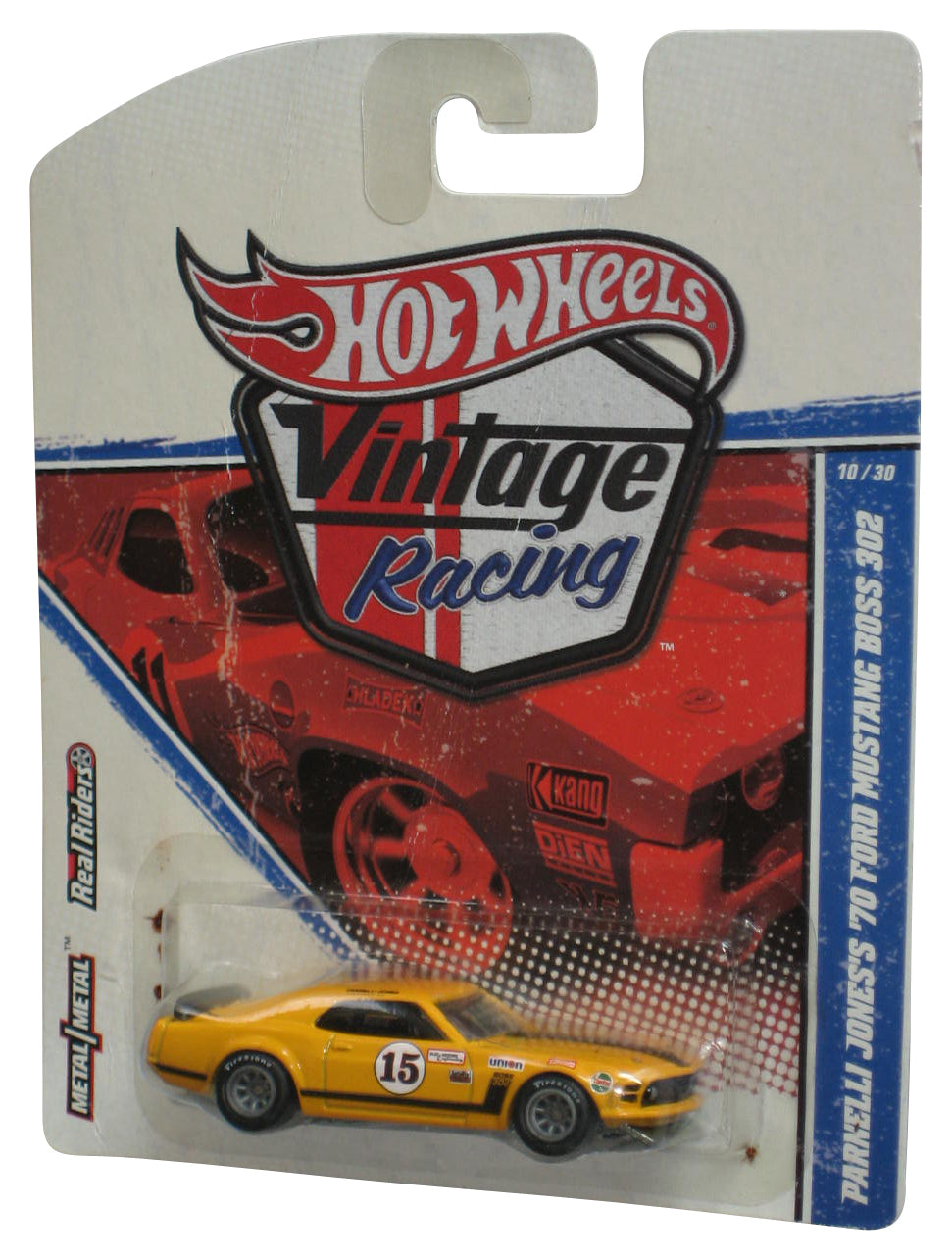 Hot Wheels Vintage Racing (2010) Yellow Parnelli Jones's '70 Ford Mustang Boss 302 Toy Car 10/30 - (Creased Card)