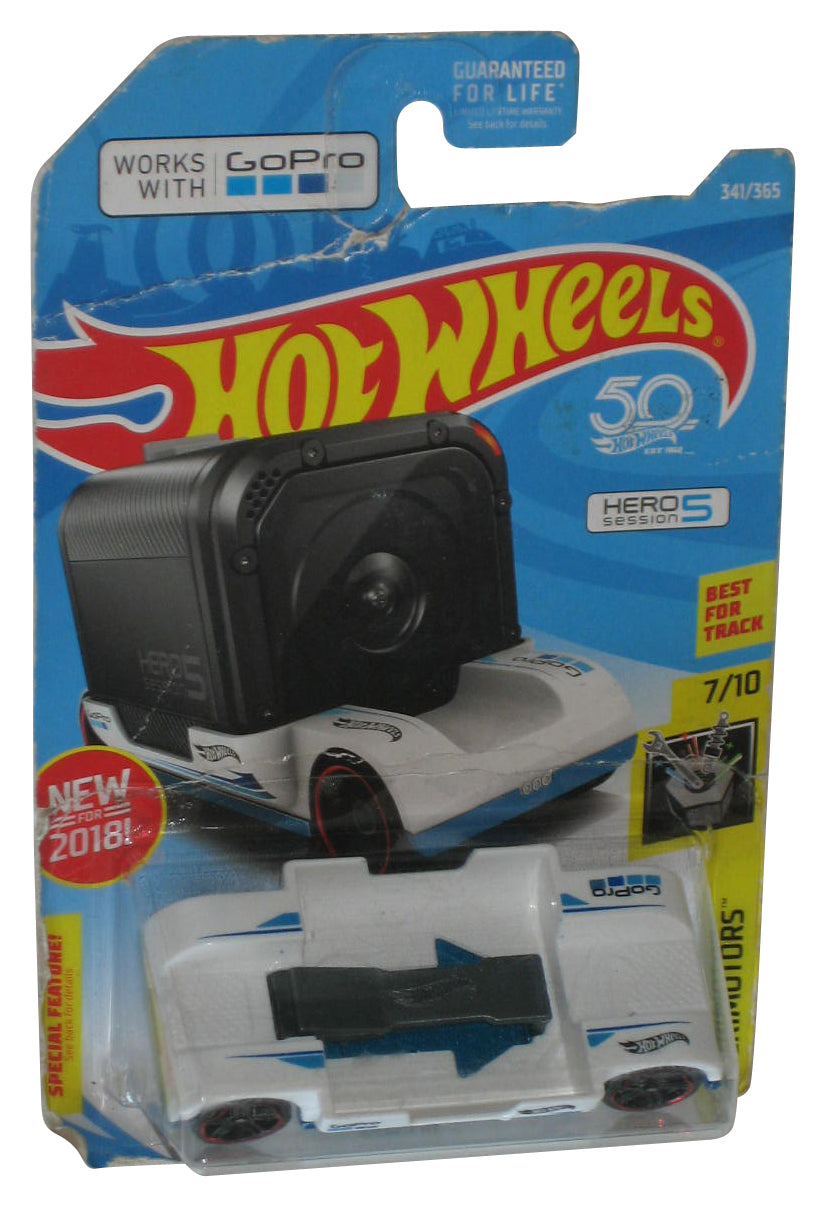 Hot Wheels Experimotors 7/10 (2018) White Zoom In GoPro Toy Car 341/365 - (Damaged Card)