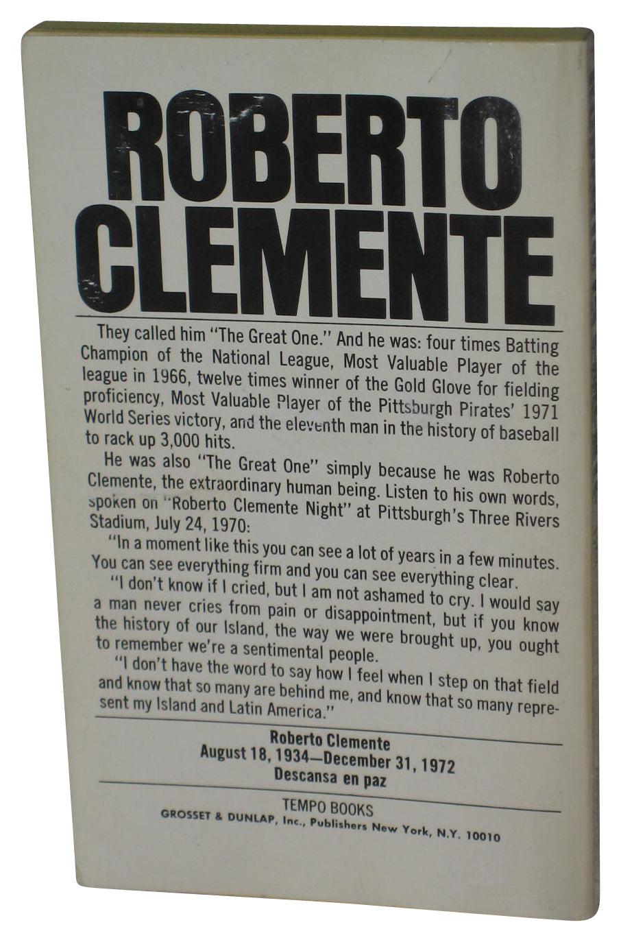 Roberto Clemente United Press International 1974 Baseball Paperback Book