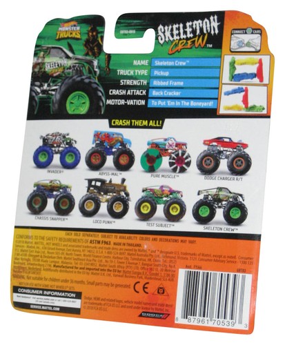 Hot Wheels Monster Trucks (2018) Skeleton Crew Green Toy Truck #24/50 with Connect & Crash Car