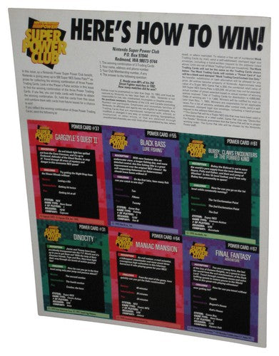 Nintendo Power Challenger Trading Cards Sheet - (Bubsy, Black Bass, Gargoyle's Quest II, Final Fantasy Adventure, Maniac Mansion & Dino City)