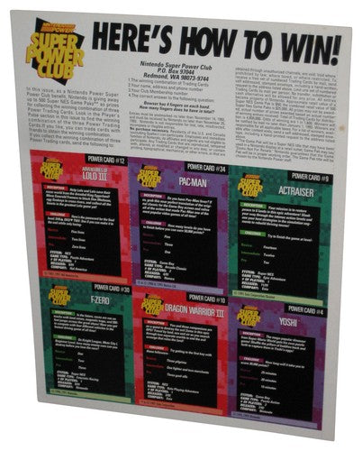 Nintendo Power Challenger Trading Cards Sheet - (Actraiser, Pac-Man, Adventure of Lolo III, Yoshi, Dragon Warrior III & F-Zero)