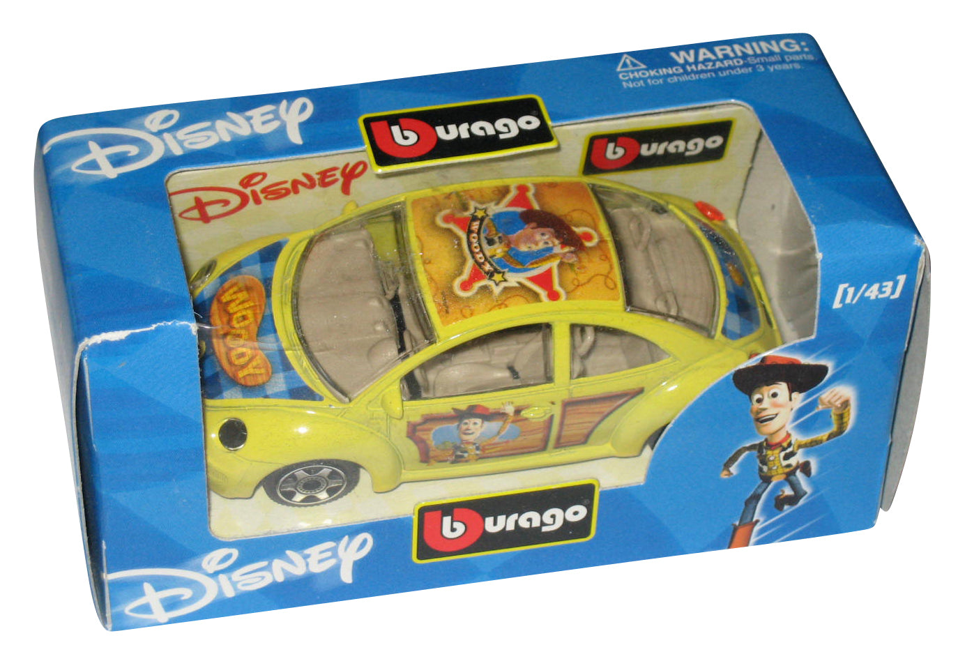 Disney Toy Story Woody Volkswagen Beetle 1/43 Burago Yellow Die-Cast Metal Toy Car