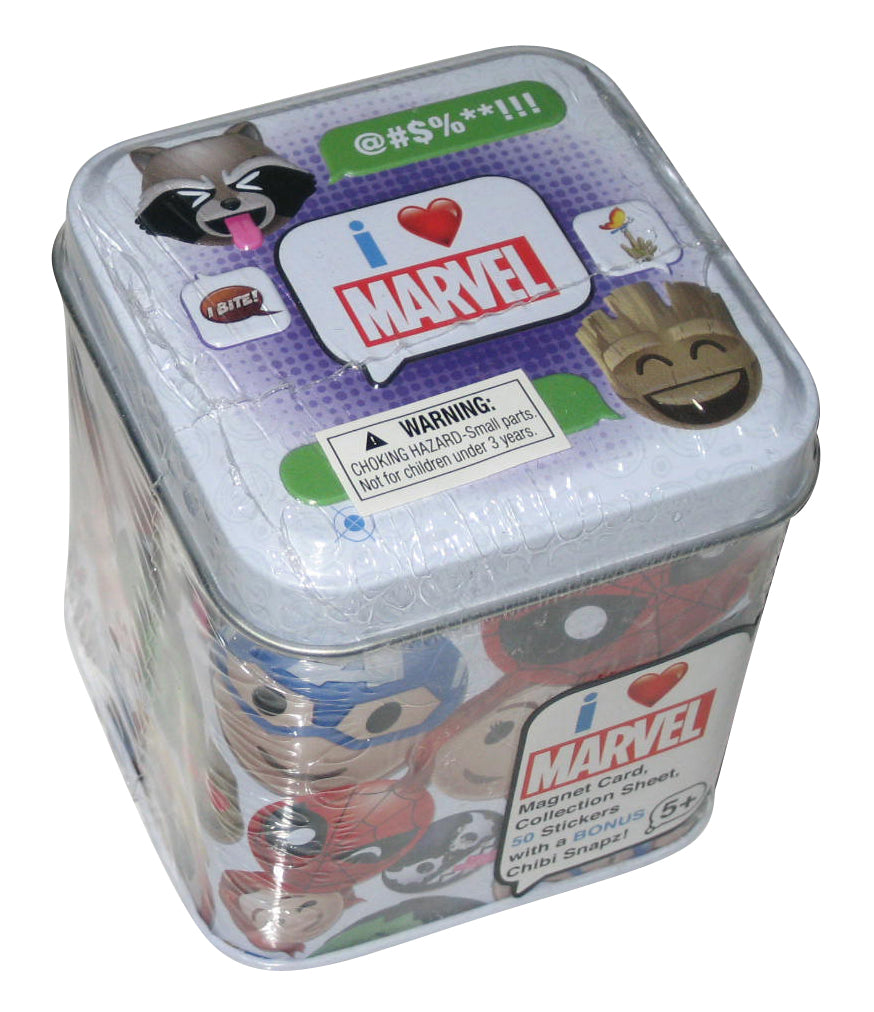 Marvel I Love Guardians of The Galaxy Magnet Card, 50 Stickers & Chibi Snapz Tin