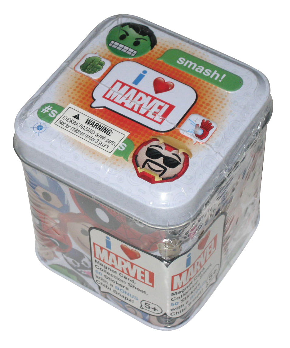 Marvel I Love Hulk & Iron Man Magnet Card, 50 Stickers & Chibi Snapz Tin