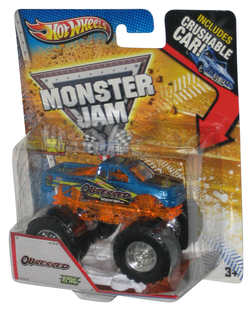 Monster Jam Obsessed Edge Glow (2012) Hot Wheels Blue Truck w/ Crushable Car