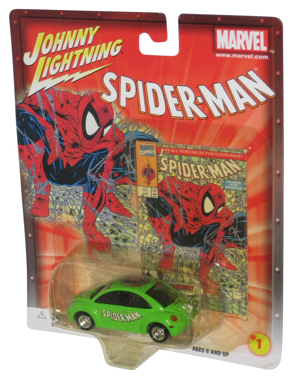 Marvel Johnny Lightning Spider-Man (2002) Volkswagen Beetle Green Toy Car #1