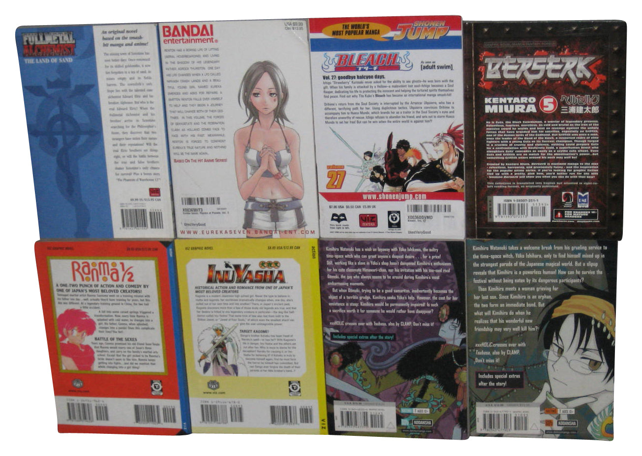 Anime Manga Paperback Book Lot - (8 Books) - Clamp, Berserk, Bleach, Ranma 1/2, Inuyasha & More