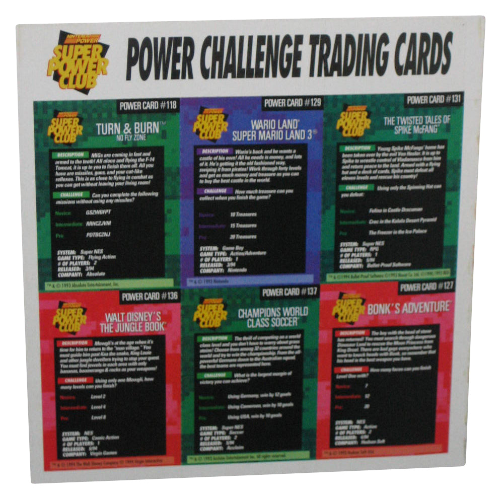 Nintendo Power Challenge Trading Card Sheet - (Wario Land, Bonk's Adventure, Jungle Book & More)
