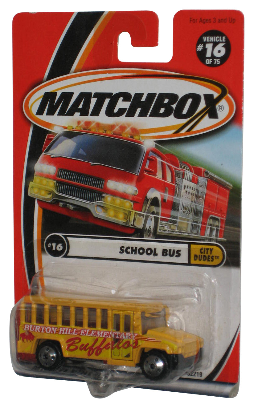 Matchbox City Dudes (2000) Burton Hill Elementary Buffalos Yellow School Bus Toy #16/75 - (Damaged Packaging