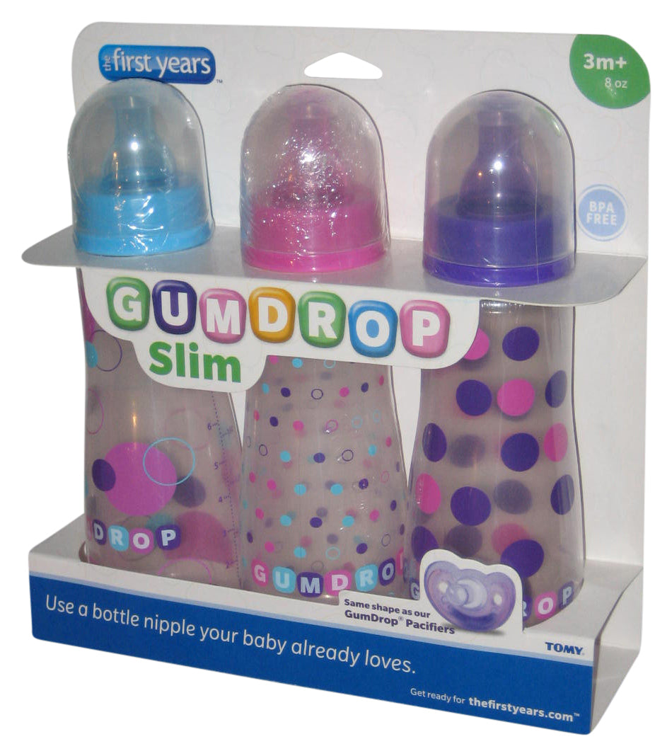 The First Years 3 Pack Gumdrop Slim Tomy Neck Bottle Pack - (Pink / Purple / 8 Ounce)