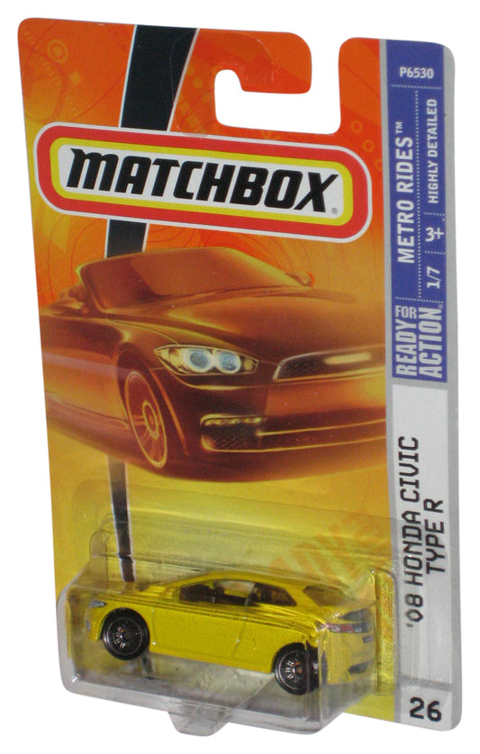 Matchbox Metro Rides 1/7 (2008) Yellow '08 Honda Civic Type R Toy Car #26 - (Cracked Plastic)