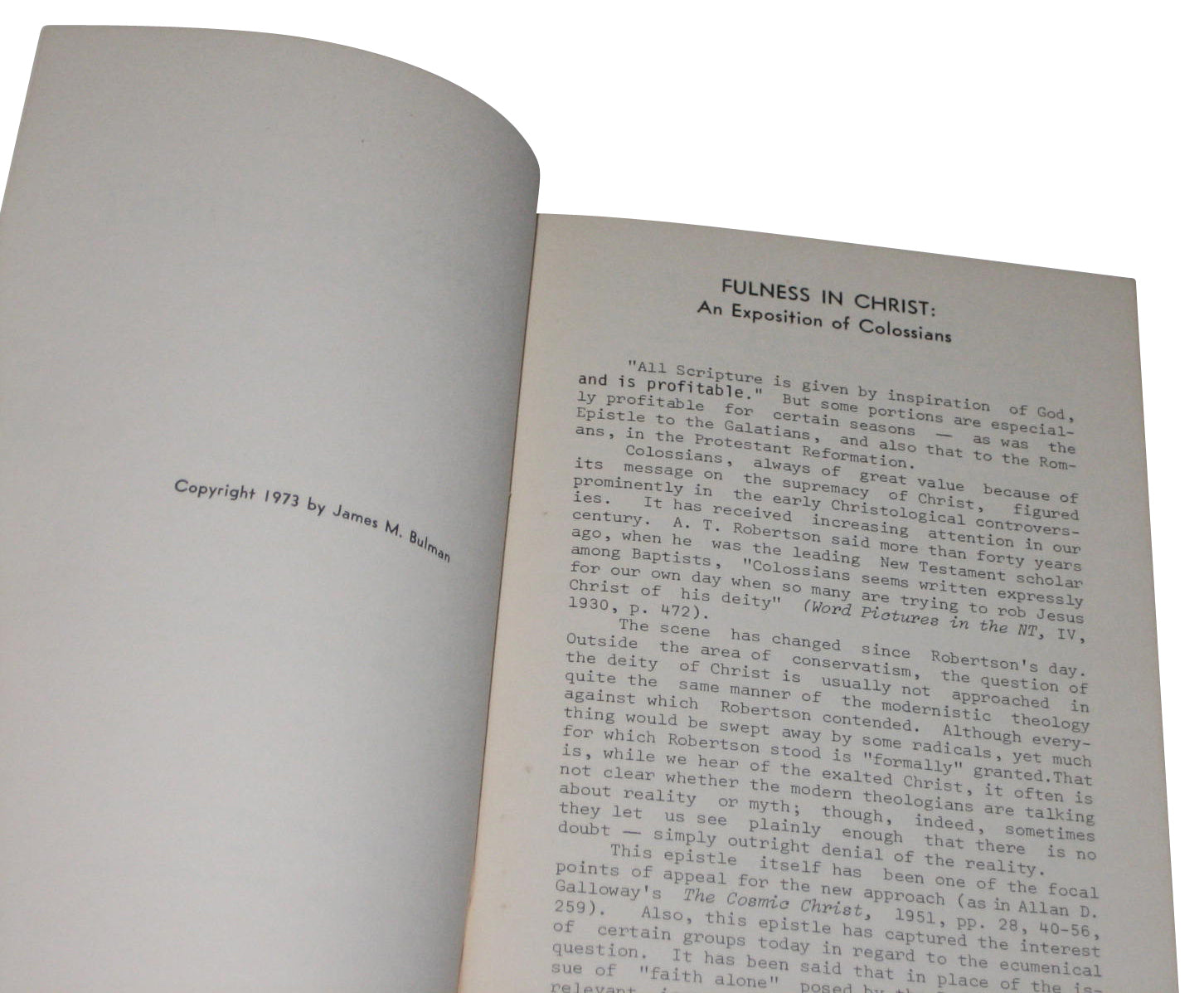 Fulness In Christ An Exposition of Colossians (1973) Paperback Book - (James M. Bulman)