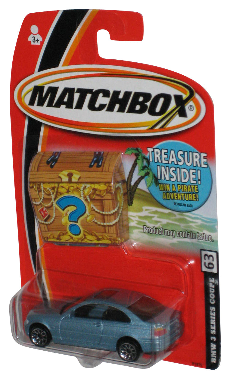 Matchbox BMW 3 Series Coupe (2005) Mattel Blue Die-Cast Toy Car #63 w/ Treasure Chest
