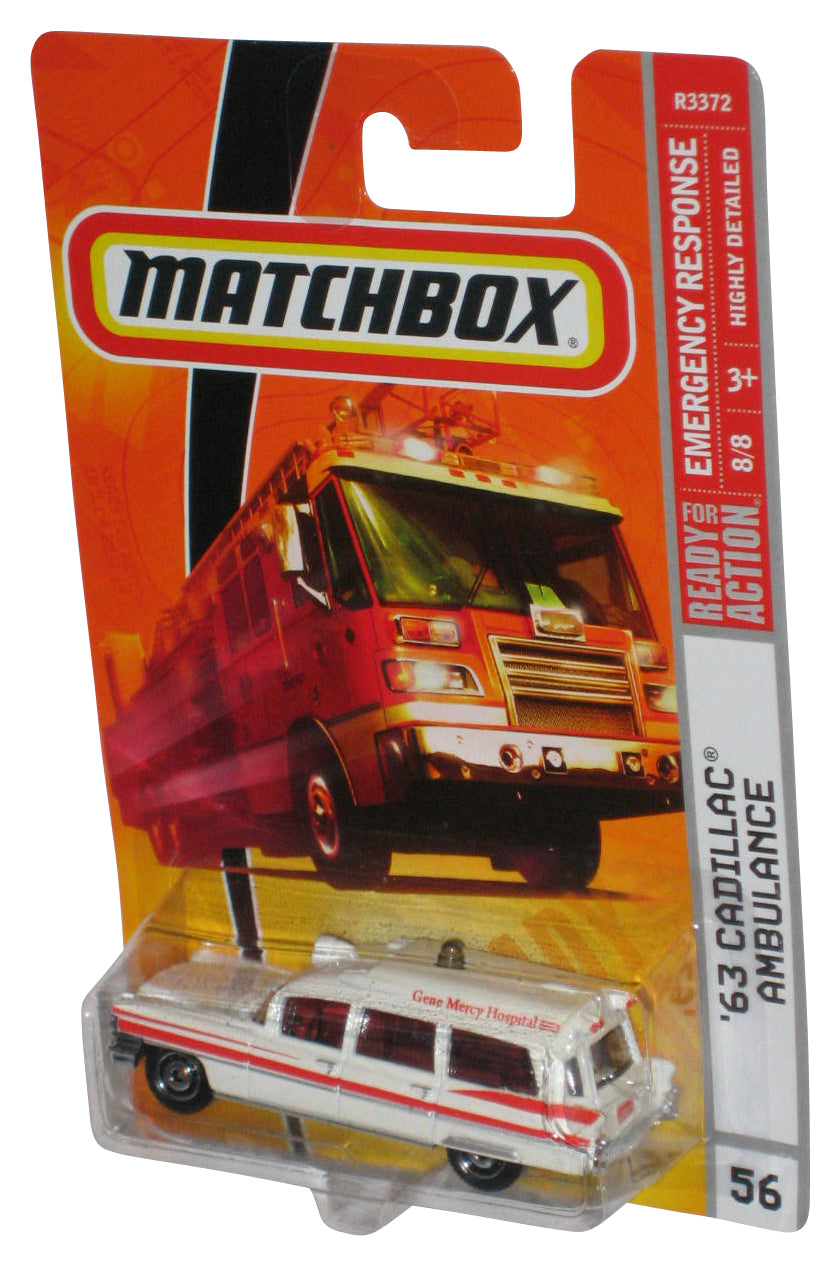 Matchbox Emergency Response 8/8 (2008) White '63 Cadillac Ambulance Toy Car #56 - (Bottom Plastic Dented)