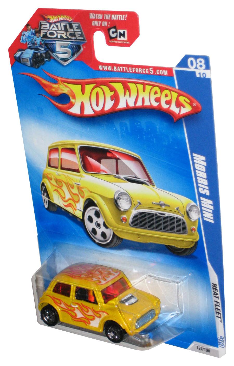 Hot Wheels Heat Fleet '09 8/10 Yellow Morris Mini Toy Car 124/190 - (Battle Force 5 Card)