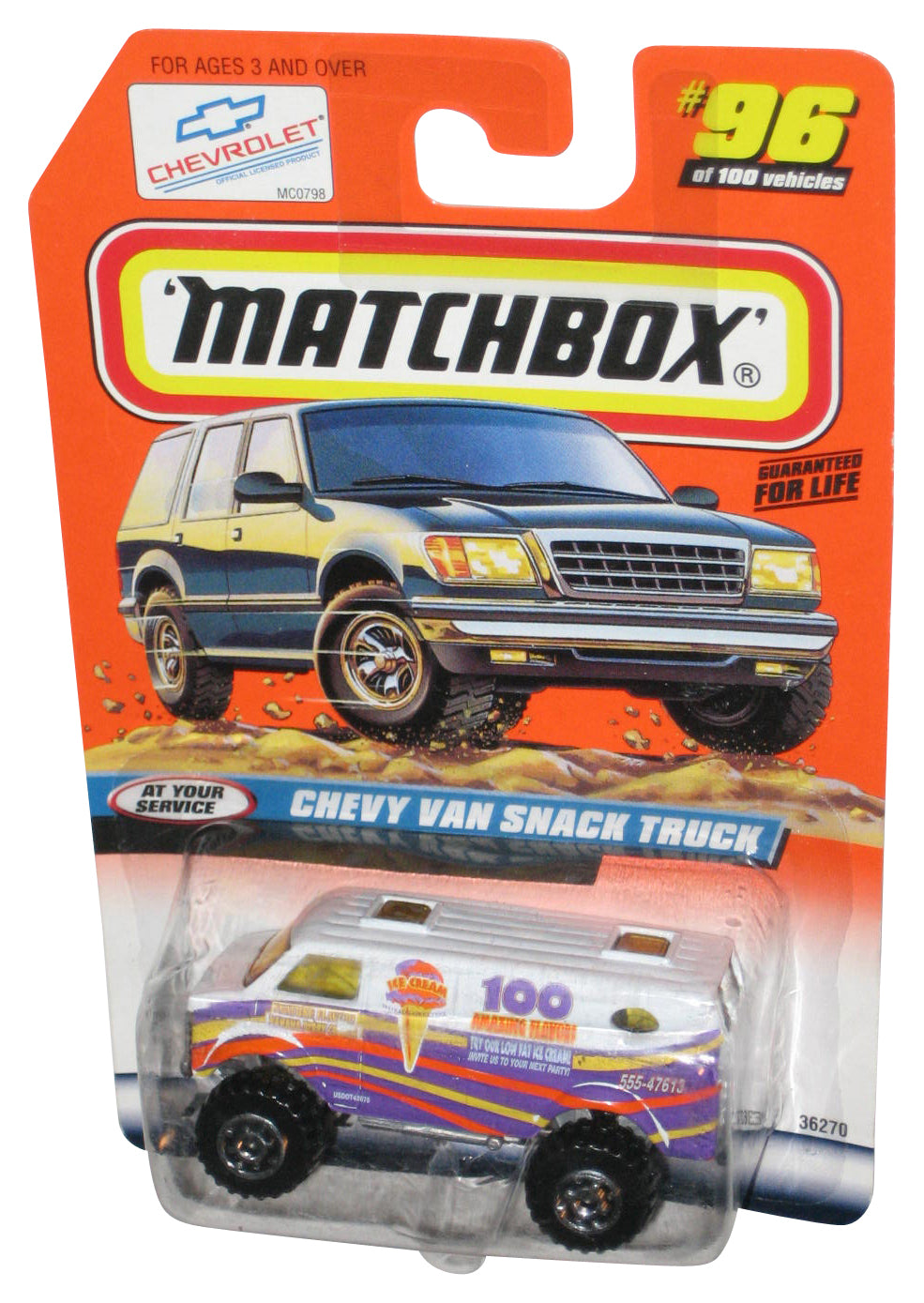 Matchbox At Your Service (1998) White & Purple Chevy Van Snack Truck Toy #96/100 - (Plastic Tiny Dent)