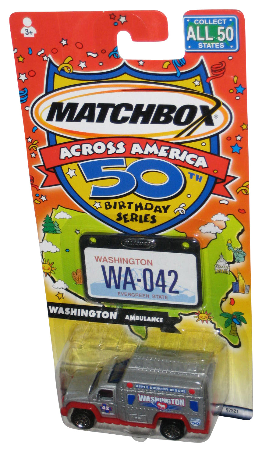 Matchbox Across America 50th Birthday (2001) Washington Ambulance Silver Toy - (Apple Country Rescue)