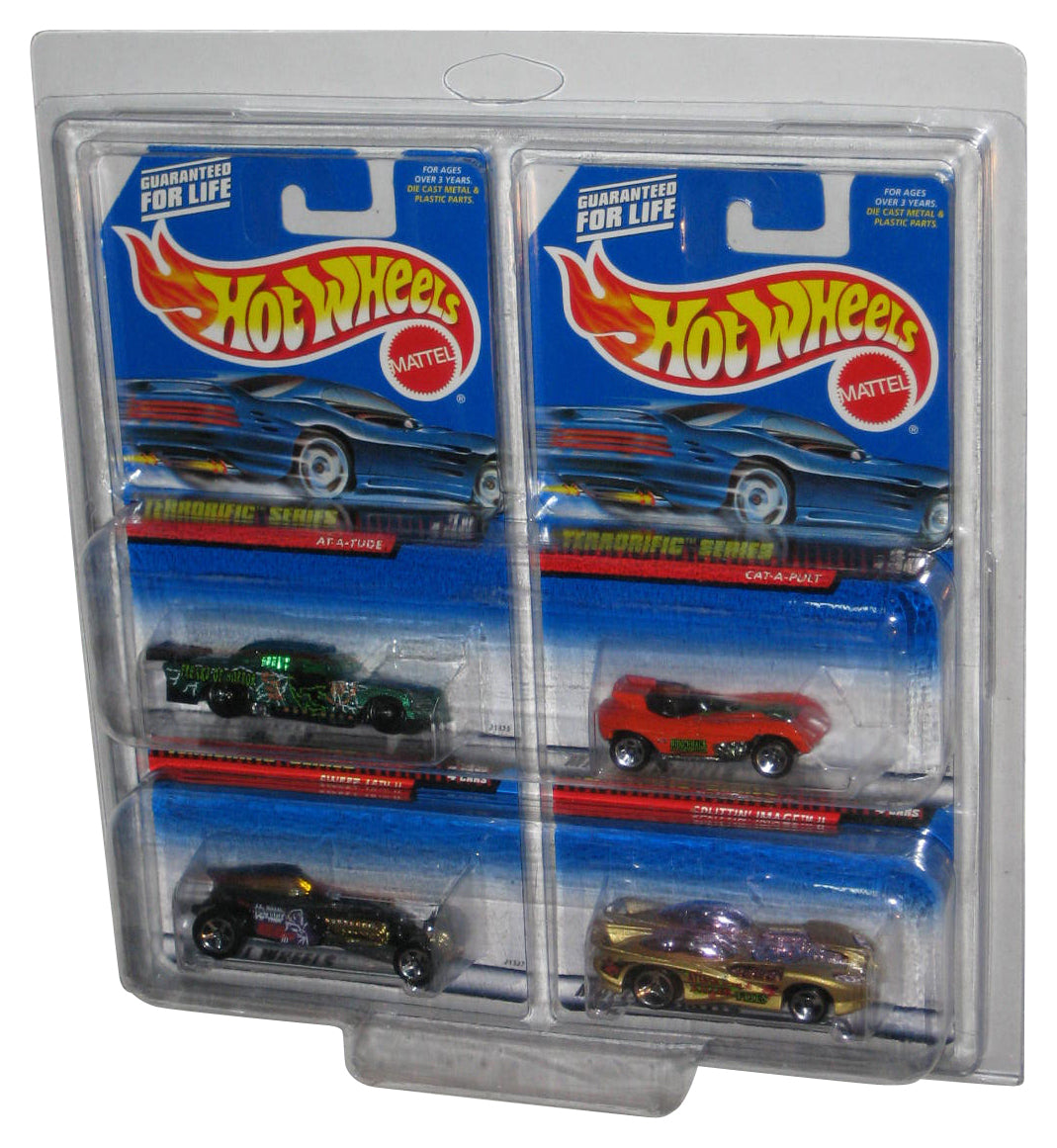 Hot Wheels Terrorific Series Lot Set 1-4 w/ Plastic Protector - (At-A-Tude, Sweet 16 II, Cat-A-Pult & Splittin' Image II)