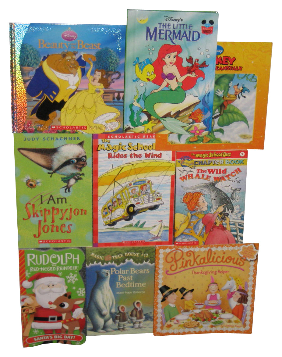Kids Children Book Lot - (Rudolph, Thankgiving, Magic School Bus, Disney & Skyppjon Jones) - 9 Books
