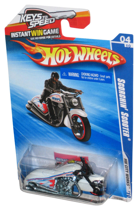 Hot Wheels HW City Works '10 White Scorchin' Scooter Toy Motorcycle Bike 112/240 - (Keys To Speed Card)