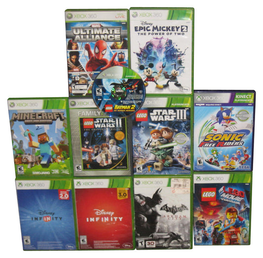 Miscellaneous Nintendo Xbox 360 Video Game Lot of 11 - (Disney Infinity, Batman, LEGO Movie, Star Wars, Minecraft, etc.)