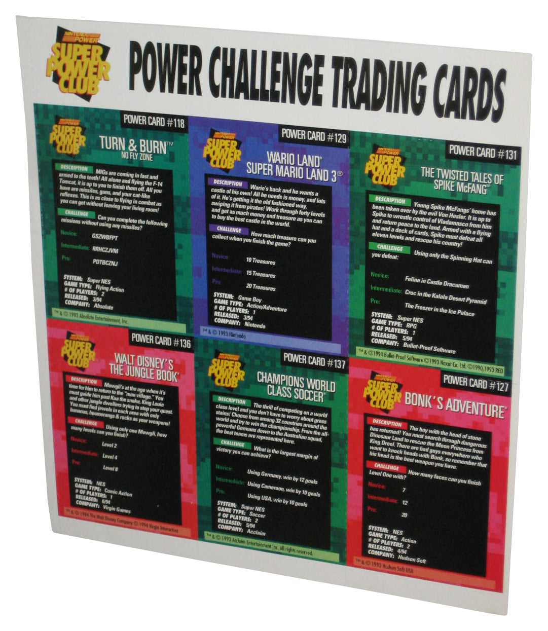 Nintendo Power Challenger Trading Cards Sheet - (Twisted Tales of Spike McFang, Wario Land 3, Turn & Burn, Bonk's Adventure, Soccer & Jungle Book)