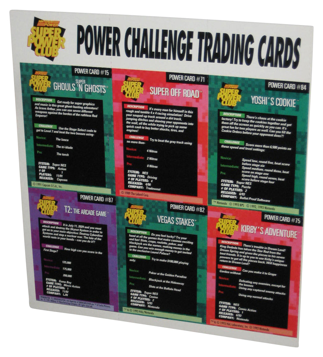 Nintendo Power Challenger Trading Cards Sheet - (Yoshi's Cookie, Super Off Road, Super Ghoul's N Ghosts, Kirby Adventure, Vegas Stakes & T2 Arcade Game)