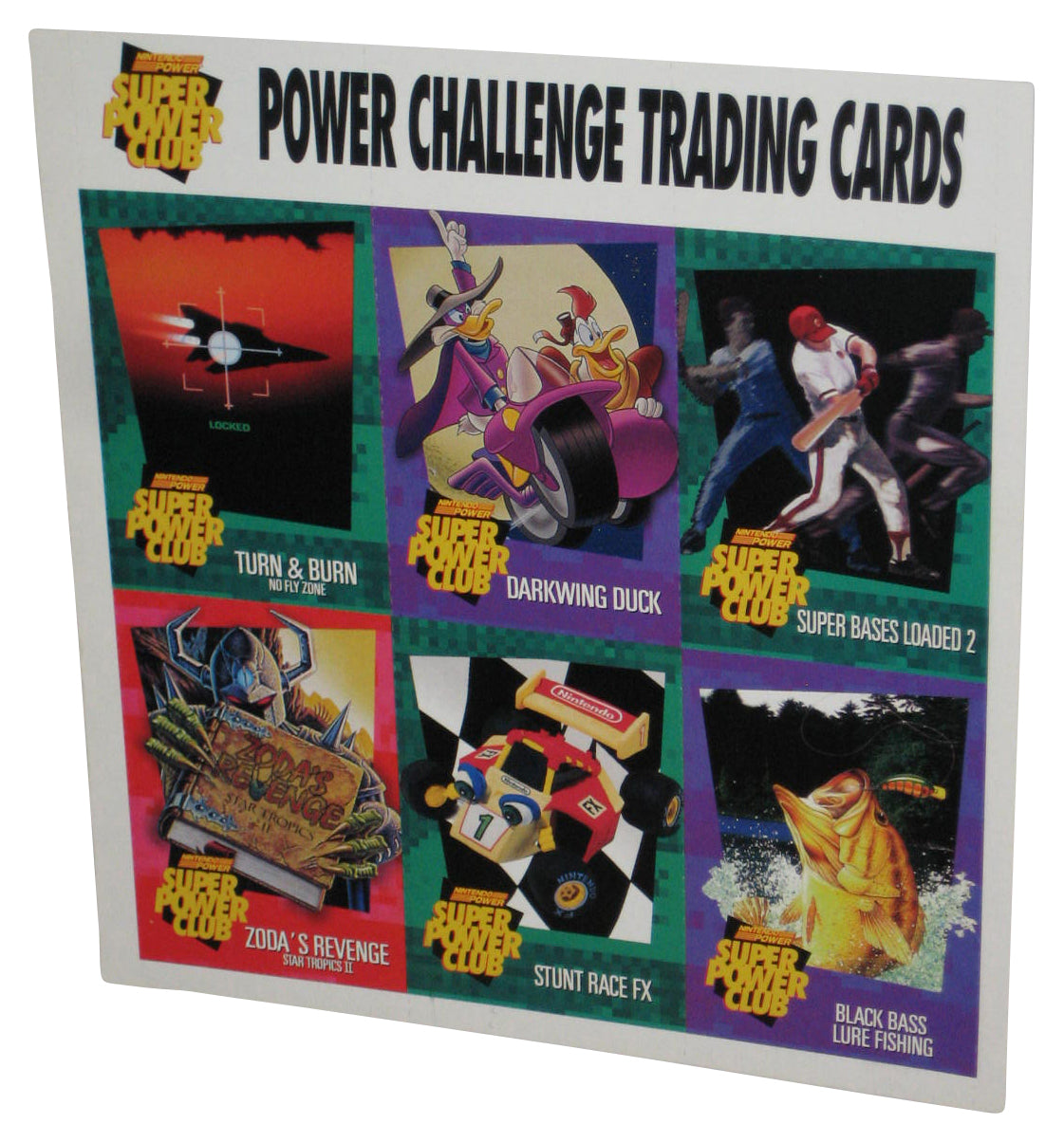 Nintendo Power Challenger Trading Cards Sheet - (Turn & Burn, Darkwing Duck, Super Bases Loaded 2, Zoda's Revenge, Stunt Face FX & Black Bass Lure Fushing)