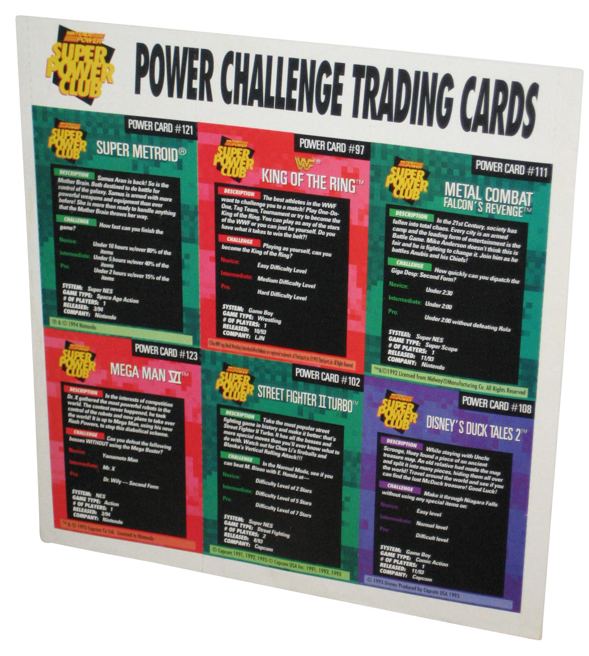 Nintendo Power Challenger Trading Cards Sheet - (Metal Combat, King of The Ring, Super Metroid, Duck Tales 2, Street Fighter II Turbo & Mega Man VI)