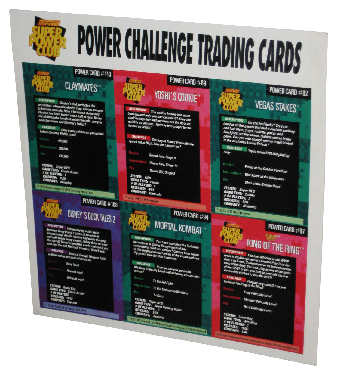 Nintendo Power Challenger Trading Cards Sheet - (Vegas Stakes, Yoshi's Cookie, Claymates, King of The Ring, Mortal Kombat & Duck Tales 2)