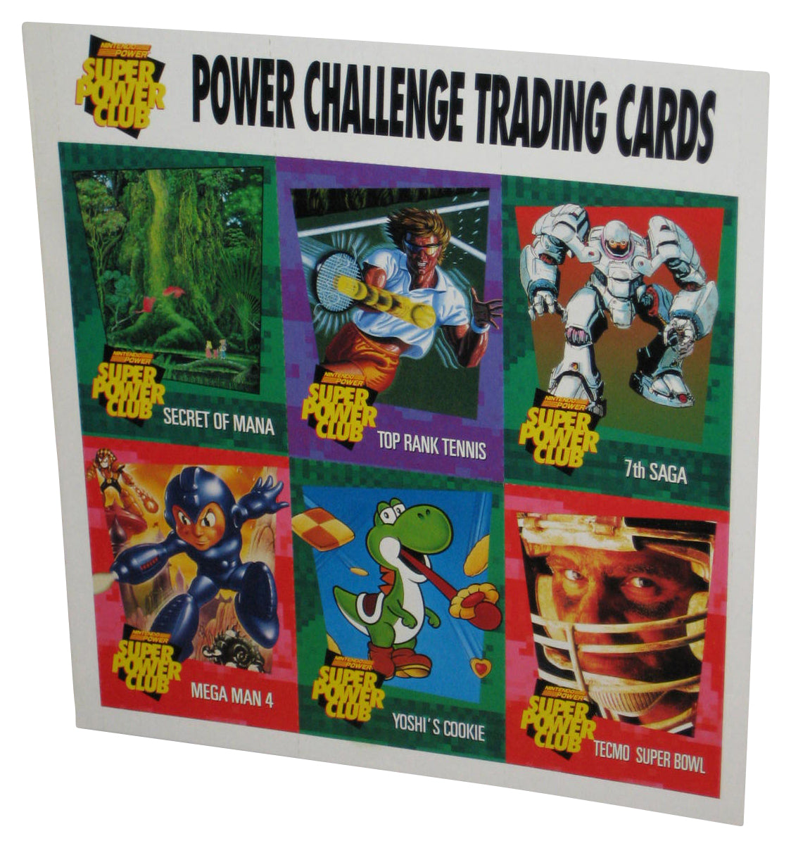 Nintendo Power Challenger Trading Cards Sheet - (Secret of Mana, Top Rank Tennis, 7th Saga, Mega Man 4, Yoshi's Cookie & Tecmo Super Bowl)