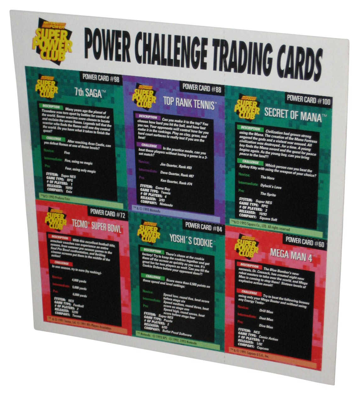 Nintendo Power Challenger Trading Cards Sheet - (Secret of Mana, Top Rank Tennis, 7th Saga, Mega Man 4, Yoshi's Cookie & Tecmo Super Bowl)