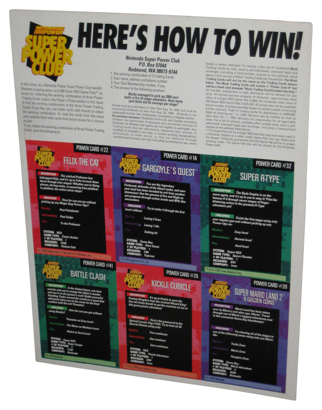 Nintendo Power Challenger Trading Cards Sheet - (Super R-Type, Gargoyle's Quest, Felix The Cat, Super Mario Land 2, Kickle Cubicle & Battle Clash)