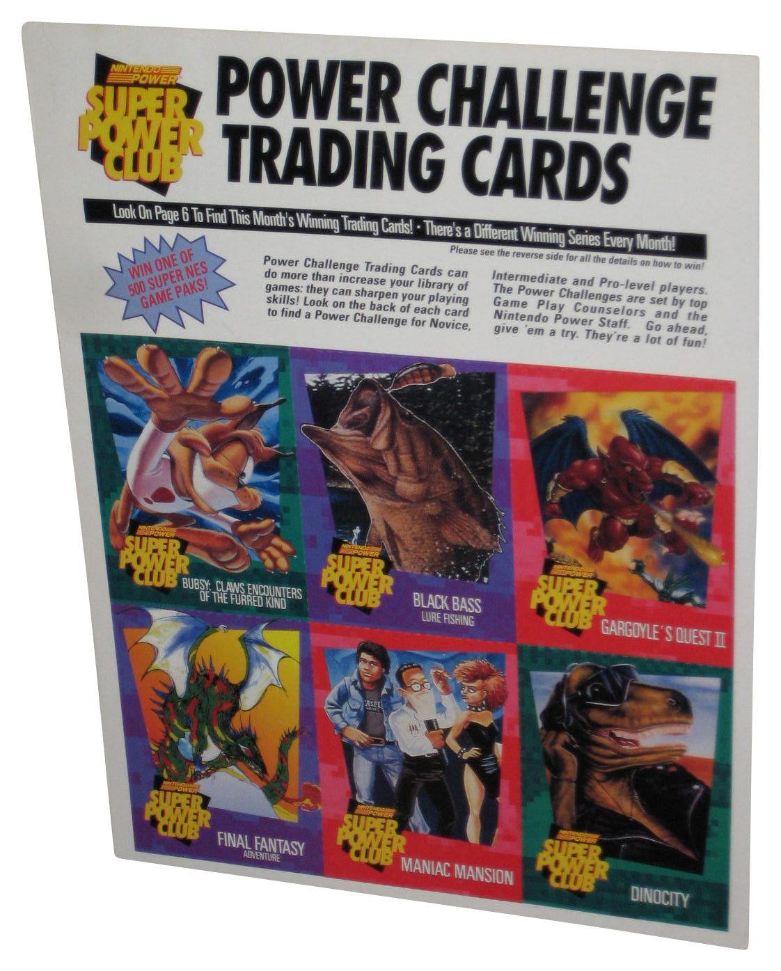 Nintendo Power Challenger Trading Cards Sheet - (Bubsy, Black Bass, Gargoyle's Quest II, Final Fantasy Adventure, Maniac Mansion & Dino City)