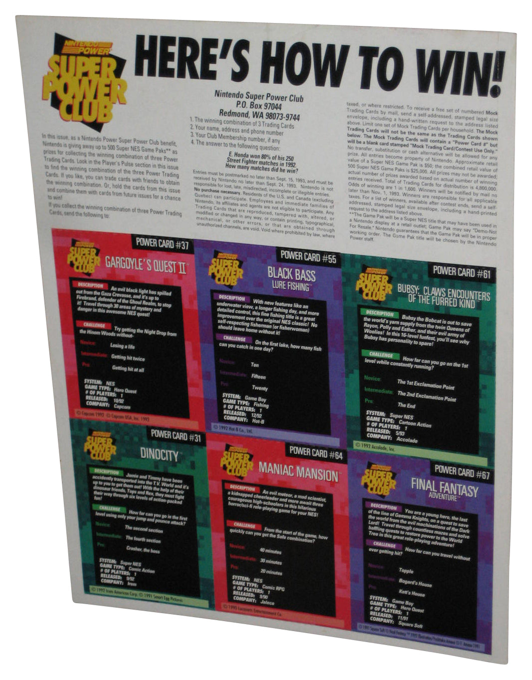 Nintendo Power Challenger Trading Cards Sheet - (Bubsy, Black Bass, Gargoyle's Quest II, Final Fantasy Adventure, Maniac Mansion & Dino City)