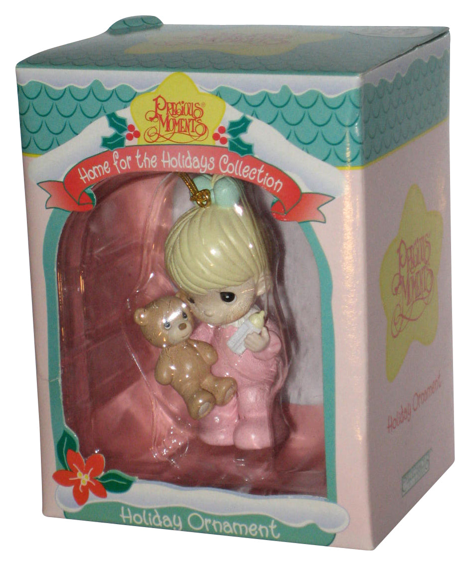Precious Moments Home For The Holidays (1996) Enesco Girl Pink Pajamas w/ Bear & Bottle Ornament