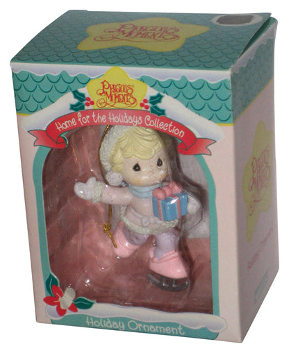 Precious Moments Home For The Holidays (1996) Enesco Blonde Girl Ice Skating w/ Gift Ornament