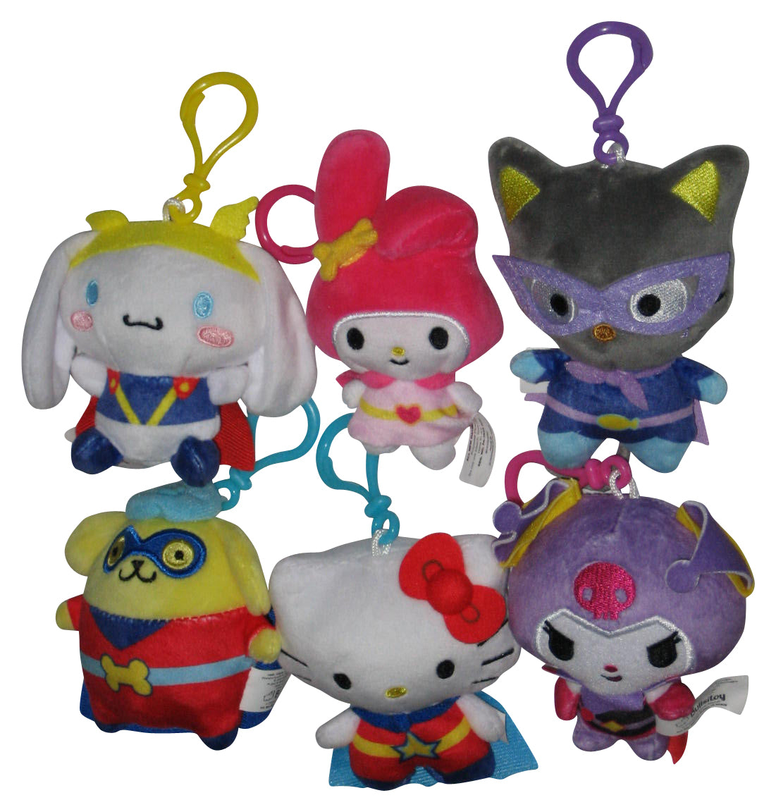 Hello Kitty & Friends Bullsitoy 4-Inch Clip-On Plush Keychain Set - (Super Kitty, Pompompurin, Kuromi, Chococat, Cinnamoroll & My Melody Rabbit)