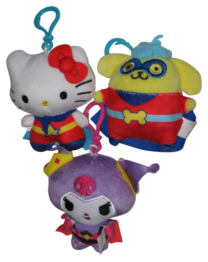 Hello Kitty & Friends Bullsitoy 4-Inch Clip-On Plush Keychain Set - (Super Kitty, Pompompurin & Kuromi)