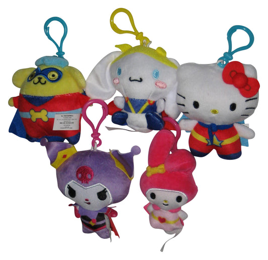 Hello Kitty & Friends Bullsitoy 4-Inch Clip-On Plush Keychain Set - (Super Kitty, Pompompurin, Kuromi, Cinnamoroll & My Melody Rabbit)