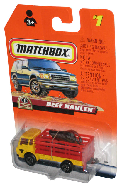 Matchbox Beef Hauler (1998) Yellow & Red Toy Truck #1 w/ Black Mini Animal Cows