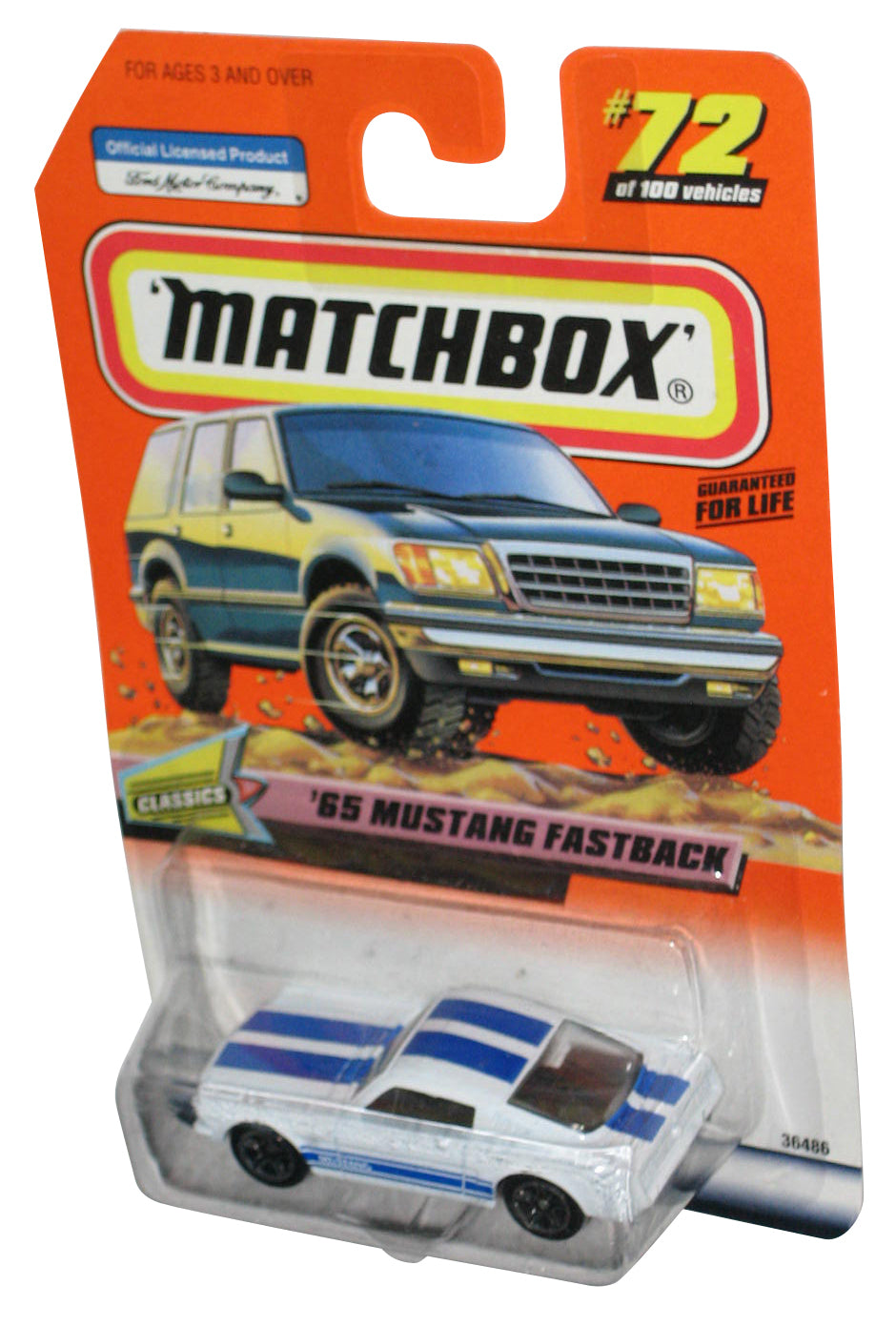 Matchbox Classics White '65 Mustang Fastback (1998) Mattel Toy Car 72/100 - (Plastic Small Dent)