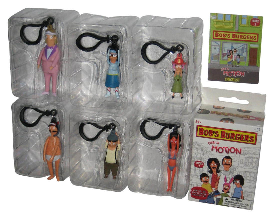 Bob's Burgers Chibi In Motion Figure Keychain Set - (Super Tina, Theater Gene, Firehat Louise, Scuba Bob, Sunburnt Linda & Limo Driver Nat)